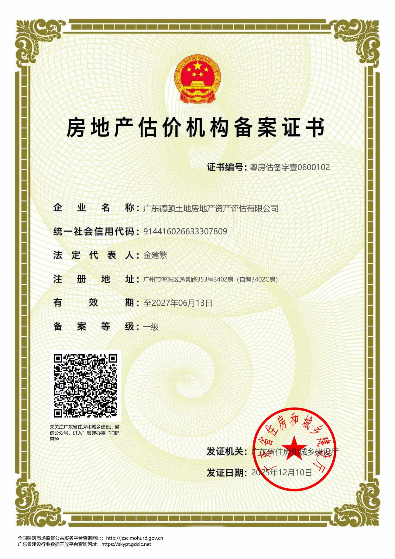 房地产估价机构备案证书（一级）