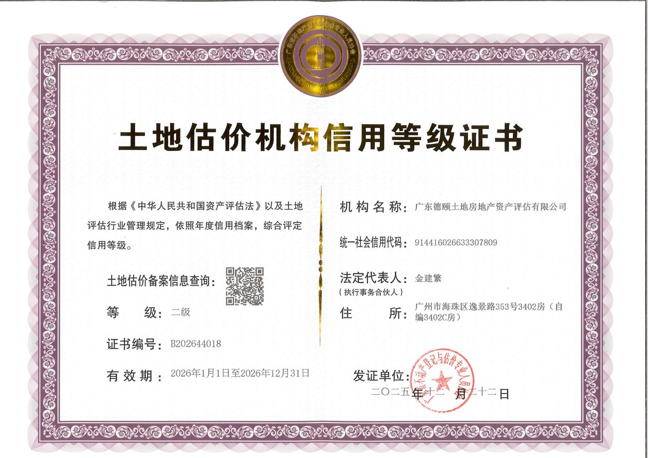 土地估价机构信用等级证书（贰级）